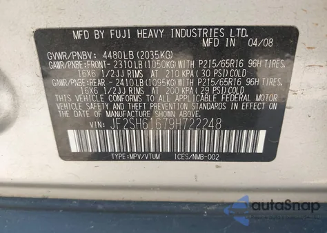 2009 Subaru Forester 2.5X from USA, damaged, VIN JF2SH61679H722248